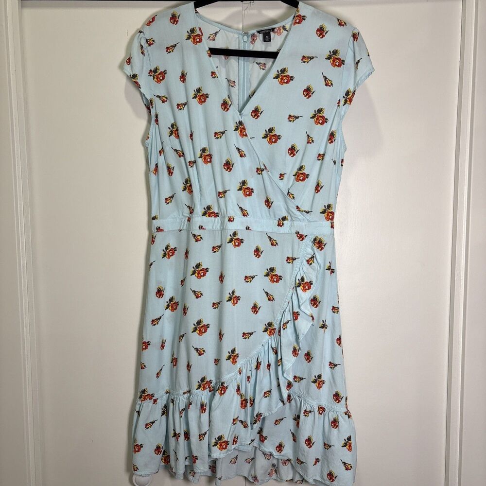 J Crew Mercantile Lt Blue White Floral Print Ruffle Faux Wrap Dress Size 12